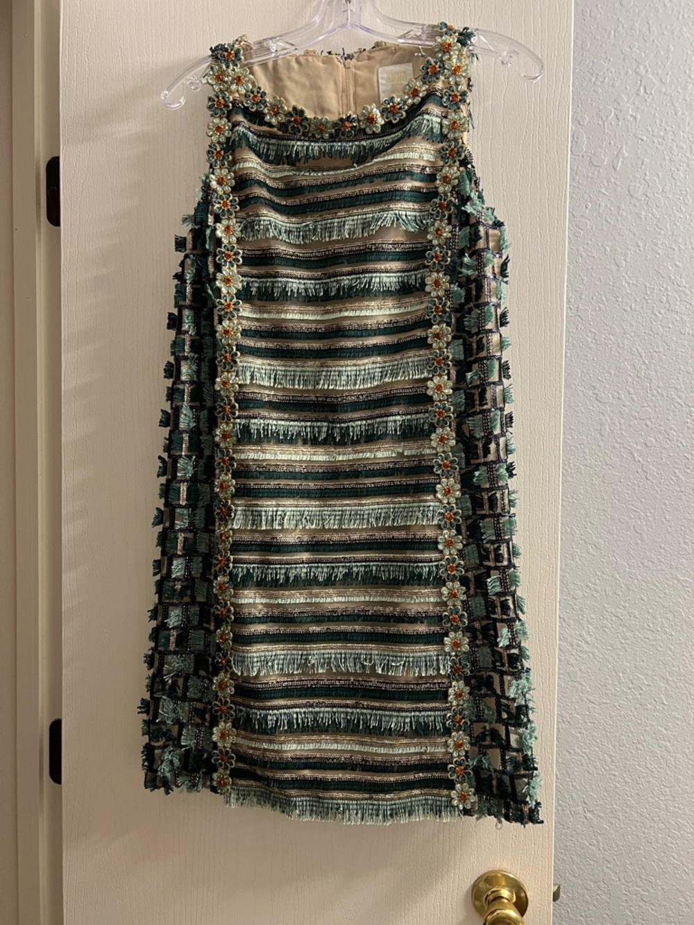 Anna Sui Mint Green, Cream and Black Fringe-Striped Midi Dress